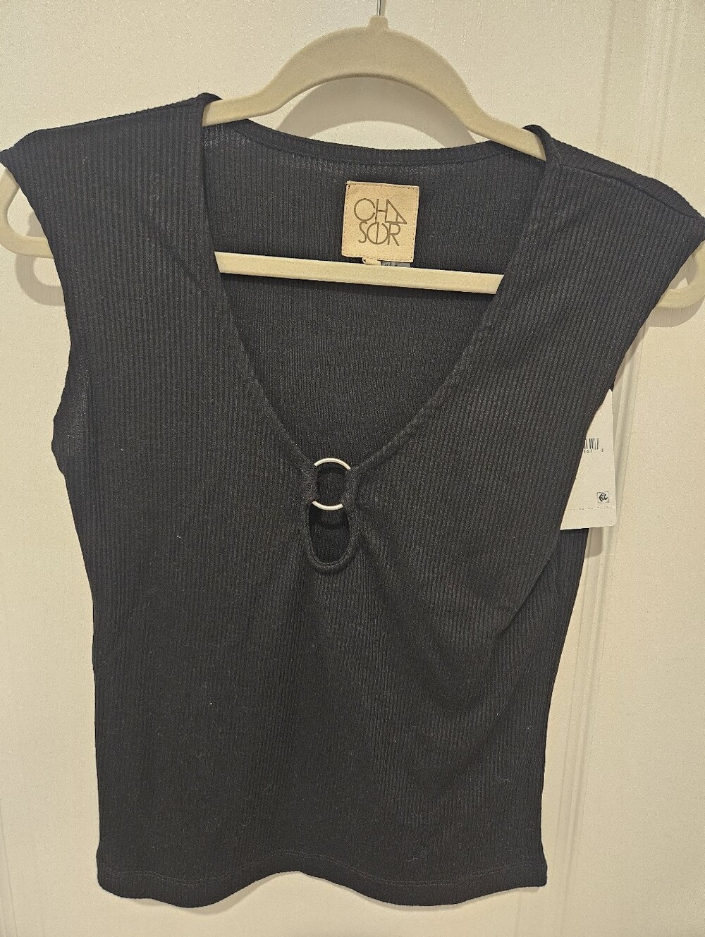 Chaser NWT Black Ribbed Deep V Ring Detail Top Size Small